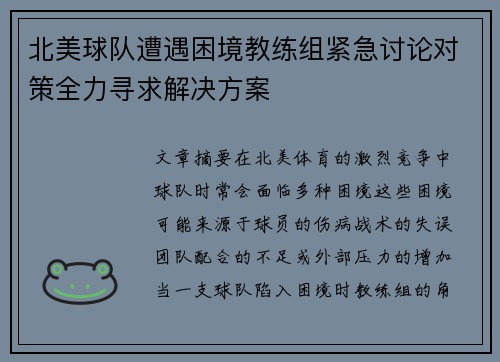 北美球队遭遇困境教练组紧急讨论对策全力寻求解决方案