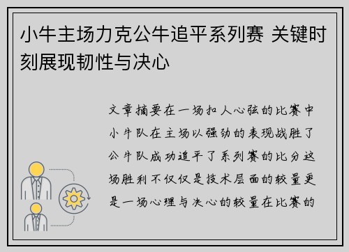 小牛主场力克公牛追平系列赛 关键时刻展现韧性与决心