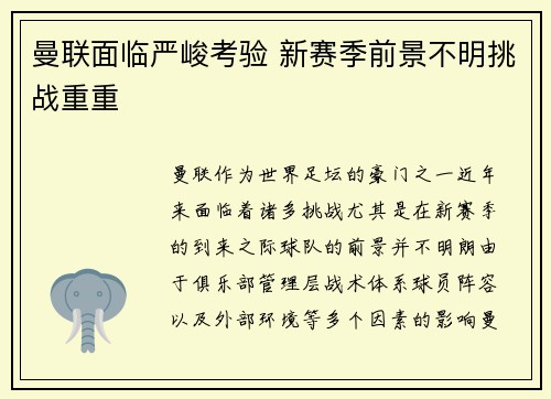 曼联面临严峻考验 新赛季前景不明挑战重重