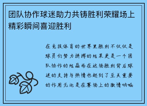 团队协作球迷助力共铸胜利荣耀场上精彩瞬间喜迎胜利