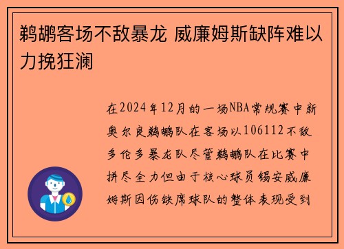 鹈鹕客场不敌暴龙 威廉姆斯缺阵难以力挽狂澜