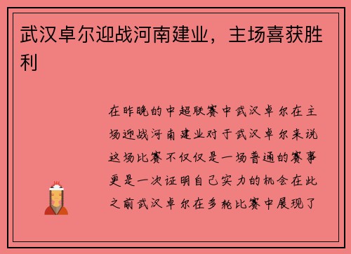 武汉卓尔迎战河南建业,主场喜获胜利