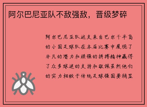 阿尔巴尼亚队不敌强敌,晋级梦碎