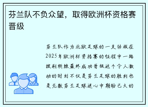 芬兰队不负众望,取得欧洲杯资格赛晋级
