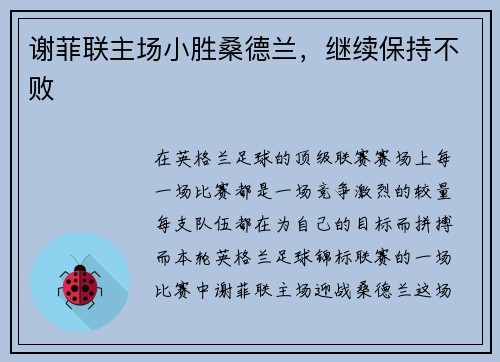谢菲联主场小胜桑德兰，继续保持不败