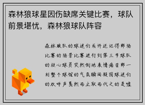 森林狼球星因伤缺席关键比赛,球队前景堪忧,森林狼球队阵容