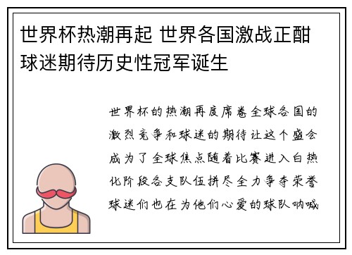 世界杯热潮再起 世界各国激战正酣 球迷期待历史性冠军诞生